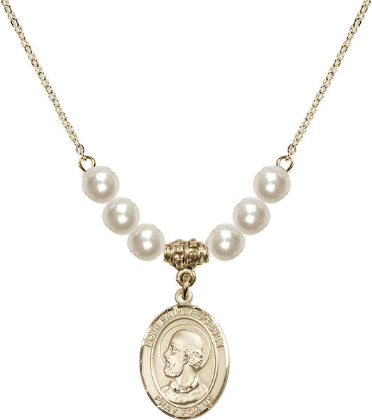 14kt Gold Filled Pope Saint Eugene I Birthstone Necklace with Faux-Pearl Beads - 8352