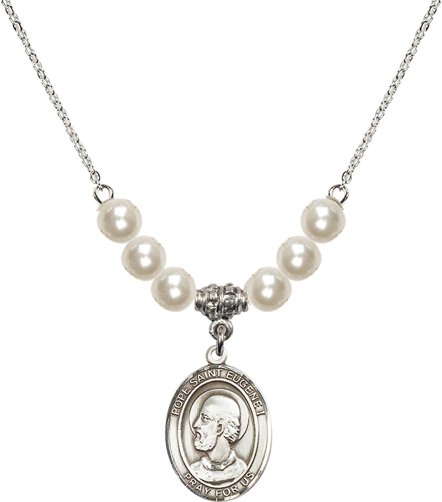 Sterling Silver Pope Saint Eugene I Birthstone Necklace with Faux-Pearl Beads - 8352