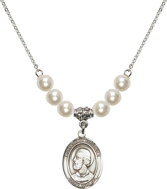 Sterling Silver Pope Saint Eugene I Birthstone Necklace with Faux-Pearl Beads - 8352