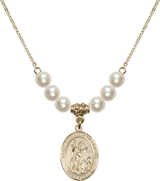 14kt Gold Filled Saint Adrian of Nicomedia Birthstone Necklace with Faux-Pearl Beads - 8353
