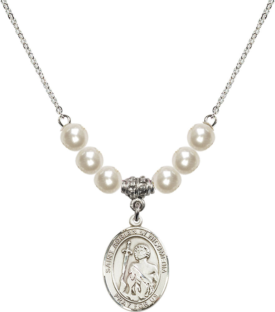 Sterling Silver Saint Adrian of Nicomedia Birthstone Necklace with Faux-Pearl Beads - 8353
