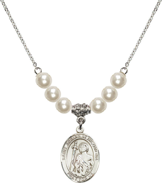 Sterling Silver Saint Adrian of Nicomedia Birthstone Necklace with Faux-Pearl Beads - 8353