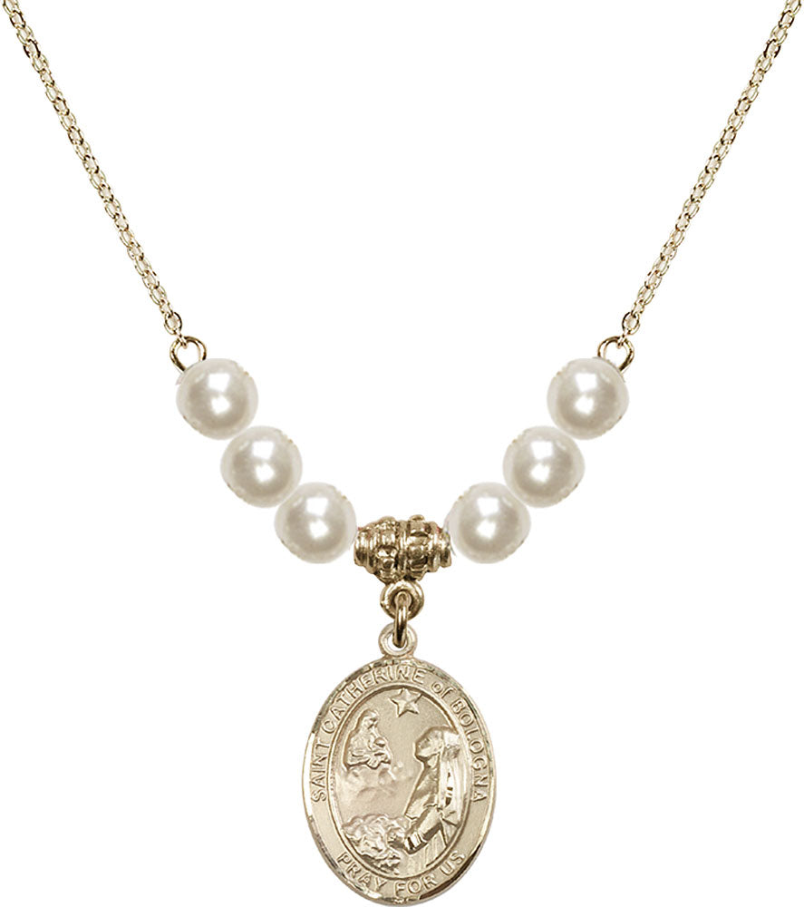 14kt Gold Filled Saint Catherine of Bologna Birthstone Necklace with Faux-Pearl Beads - 8354