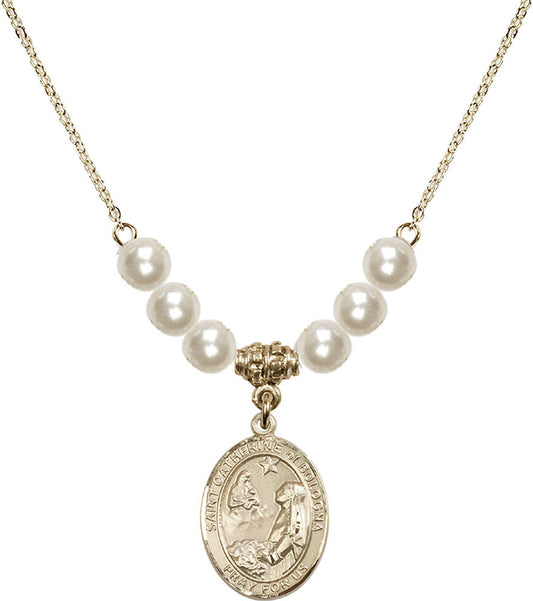 14kt Gold Filled Saint Catherine of Bologna Birthstone Necklace with Faux-Pearl Beads - 8354