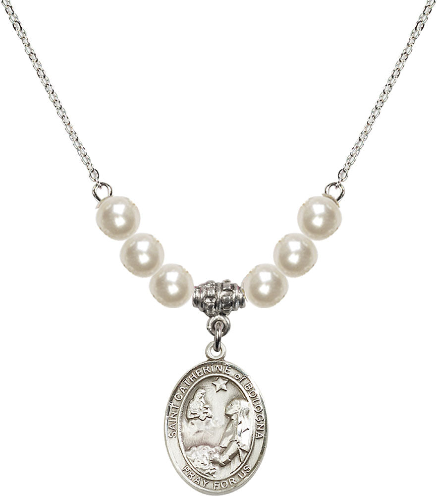 Sterling Silver Saint Catherine of Bologna Birthstone Necklace with Faux-Pearl Beads - 8354