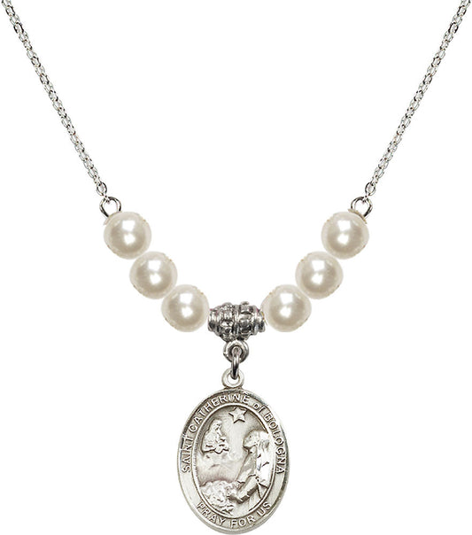 Sterling Silver Saint Catherine of Bologna Birthstone Necklace with Faux-Pearl Beads - 8354