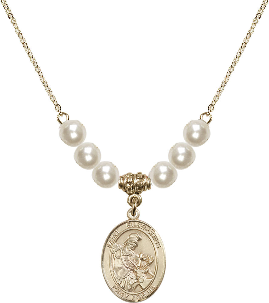 14kt Gold Filled Saint Eustachius Birthstone Necklace with Faux-Pearl Beads - 8356