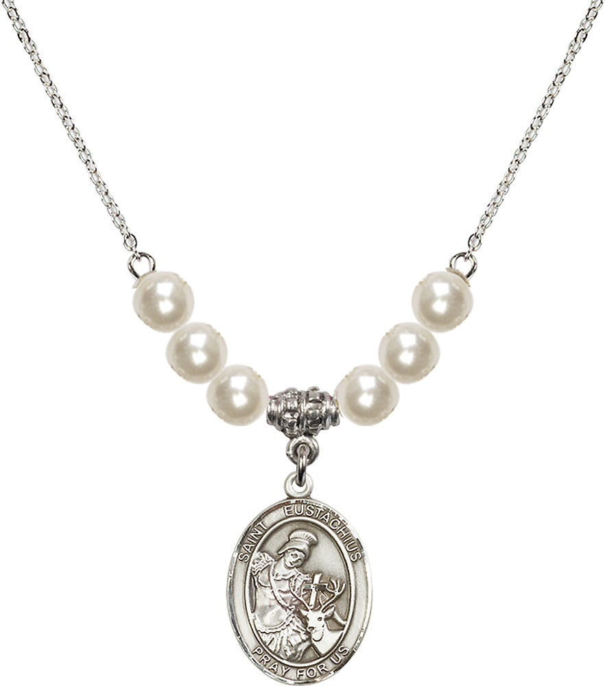 Sterling Silver Saint Eustachius Birthstone Necklace with Faux-Pearl Beads - 8356