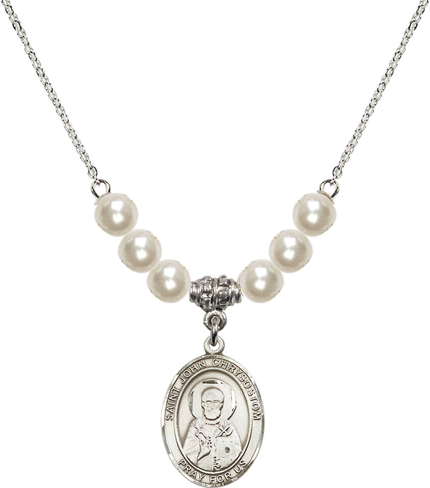 Sterling Silver Saint John Chrysostom Birthstone Necklace with Faux-Pearl Beads - 8357