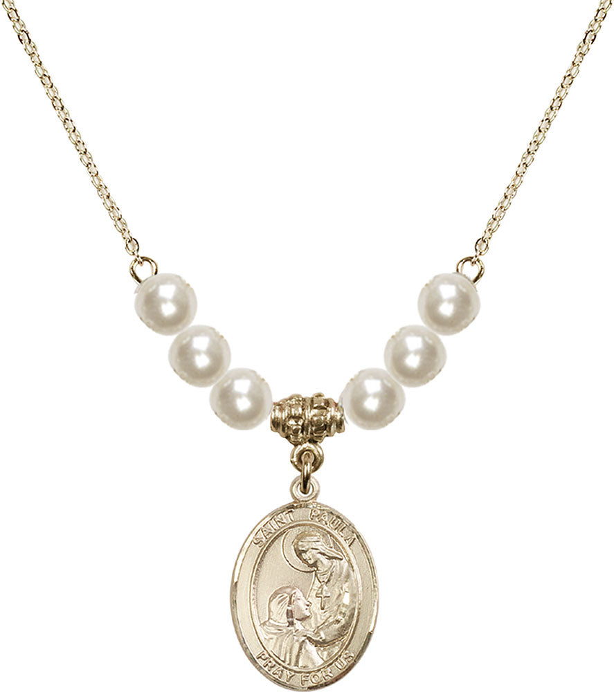 14kt Gold Filled Saint Paula Birthstone Necklace with Faux-Pearl Beads - 8359