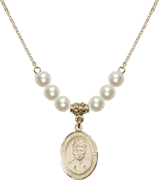 14kt Gold Filled Saint Josephine Bakhita Birthstone Necklace with Faux-Pearl Beads - 8360
