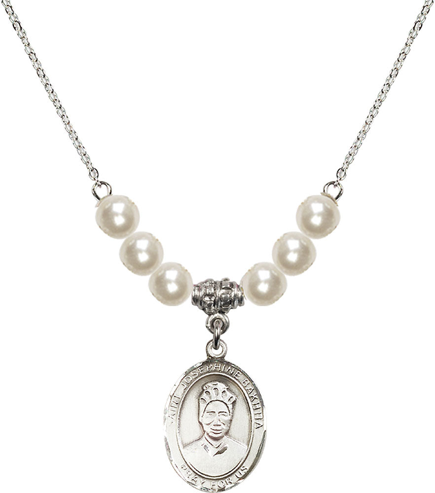 Sterling Silver Saint Josephine Bakhita Birthstone Necklace with Faux-Pearl Beads - 8360