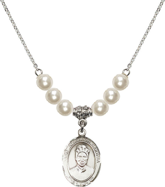 Sterling Silver Saint Josephine Bakhita Birthstone Necklace with Faux-Pearl Beads - 8360