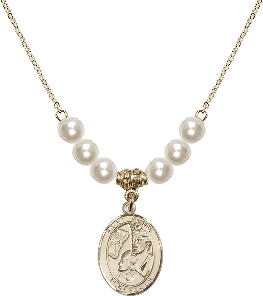 14kt Gold Filled Saint Edwin Birthstone Necklace with Faux-Pearl Beads - 8361