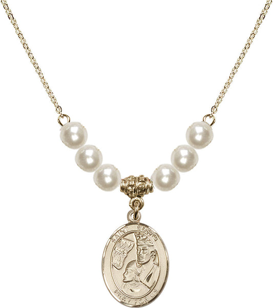14kt Gold Filled Saint Edwin Birthstone Necklace with Faux-Pearl Beads - 8361