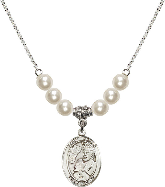 Sterling Silver Saint Edwin Birthstone Necklace with Faux-Pearl Beads - 8361