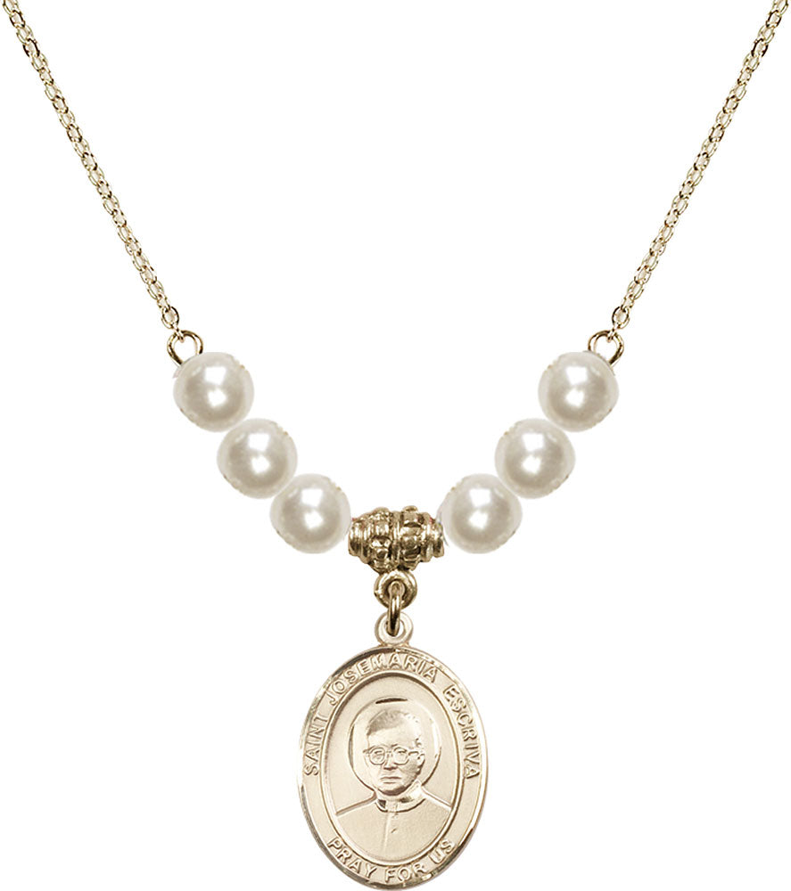 14kt Gold Filled Saint Josemaria Escriva Birthstone Necklace with Faux-Pearl Beads - 8362