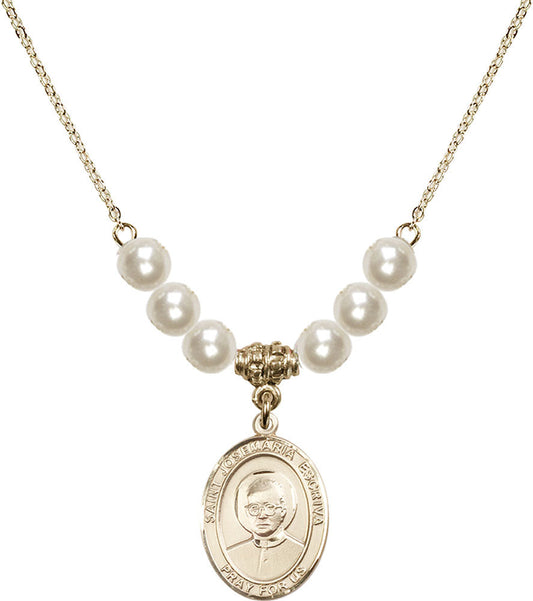 14kt Gold Filled Saint Josemaria Escriva Birthstone Necklace with Faux-Pearl Beads - 8362