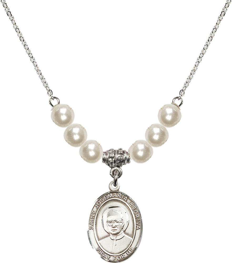 Sterling Silver Saint Josemaria Escriva Birthstone Necklace with Faux-Pearl Beads - 8362