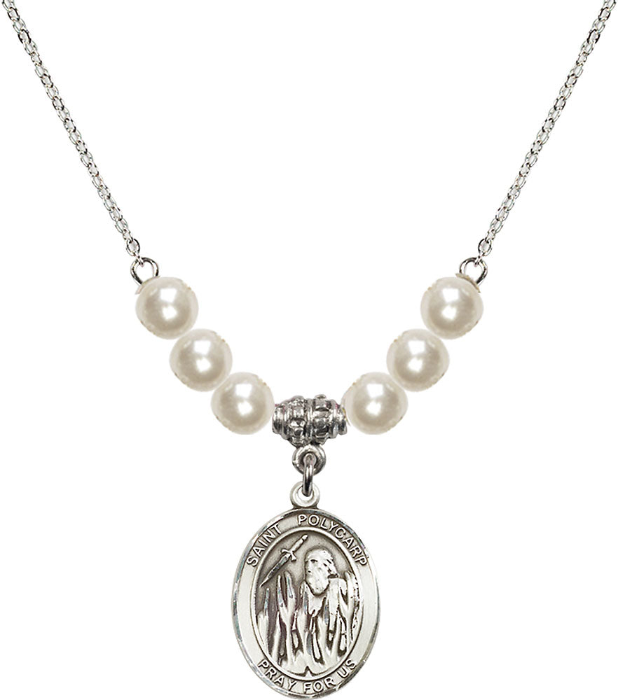 Sterling Silver Saint Polycarp of Smyrna Birthstone Necklace with Faux-Pearl Beads - 8363