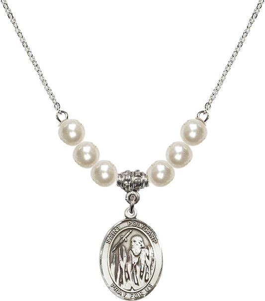 Sterling Silver Saint Polycarp of Smyrna Birthstone Necklace with Faux-Pearl Beads - 8363