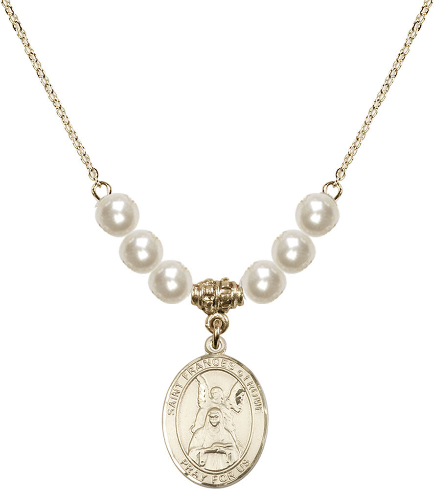 14kt Gold Filled Saint Frances of Rome Birthstone Necklace with Faux-Pearl Beads - 8365