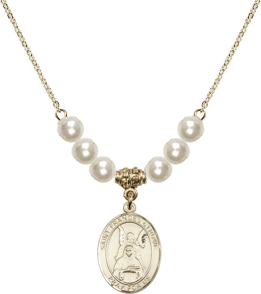 14kt Gold Filled Saint Frances of Rome Birthstone Necklace with Faux-Pearl Beads - 8365