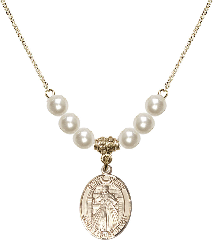 14kt Gold Filled Divine Mercy Birthstone Necklace with Faux-Pearl Beads - 8366