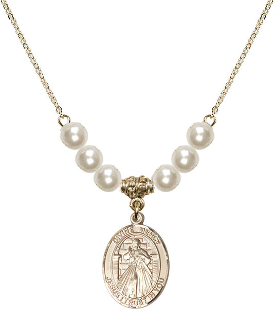 14kt Gold Filled Divine Mercy Birthstone Necklace with Faux-Pearl Beads - 8366