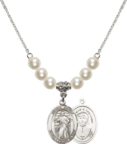Sterling Silver Divine Mercy Birthstone Necklace with Faux-Pearl Beads - 8366
