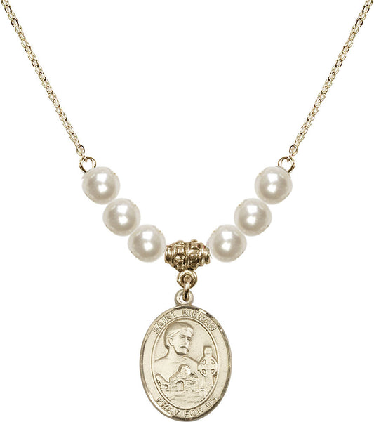 14kt Gold Filled Saint Kieran Birthstone Necklace with Faux-Pearl Beads - 8367