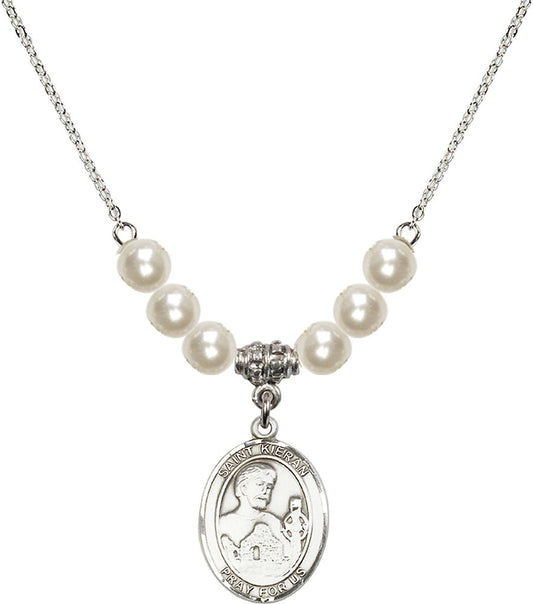 Sterling Silver Saint Kieran Birthstone Necklace with Faux-Pearl Beads - 8367
