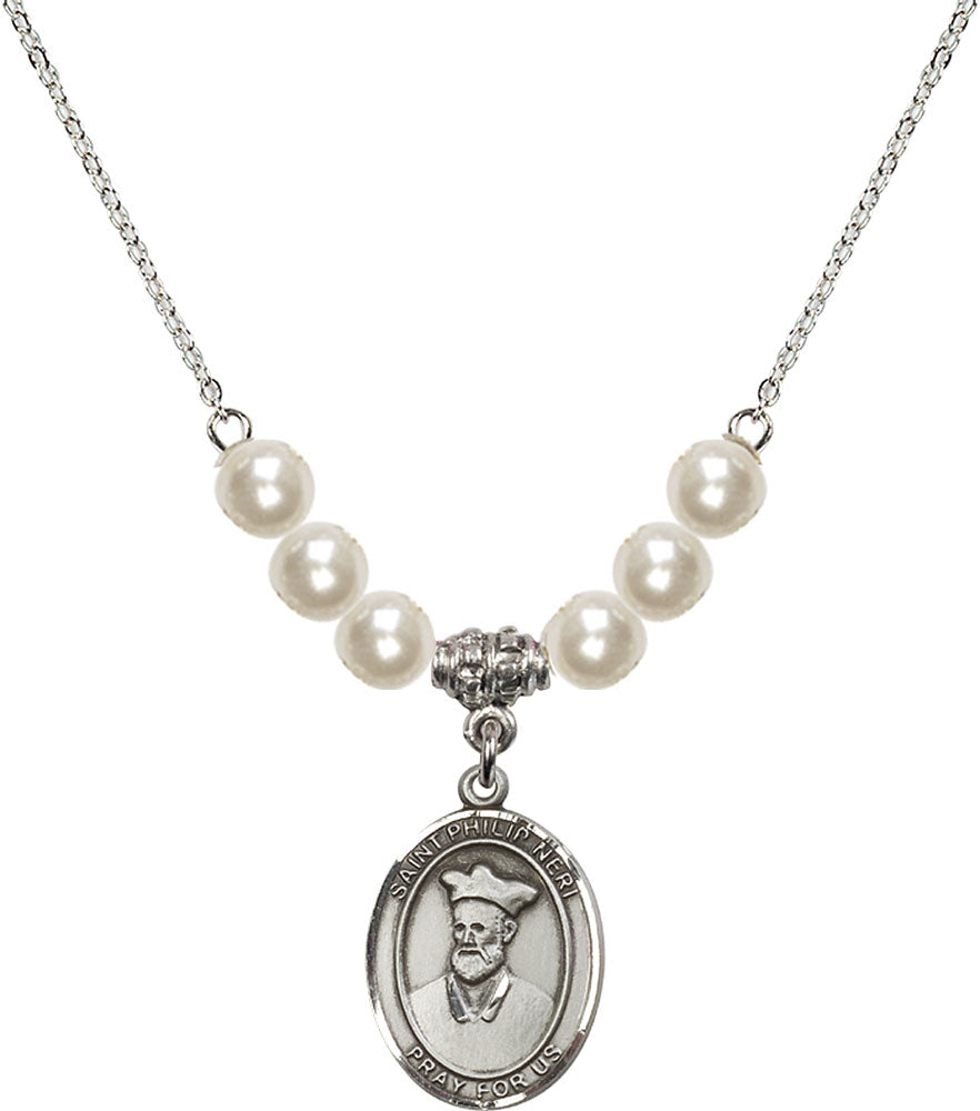 Sterling Silver Saint Philip Neri Birthstone Necklace with Faux-Pearl Beads - 8369