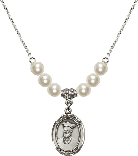 Sterling Silver Saint Philip Neri Birthstone Necklace with Faux-Pearl Beads - 8369