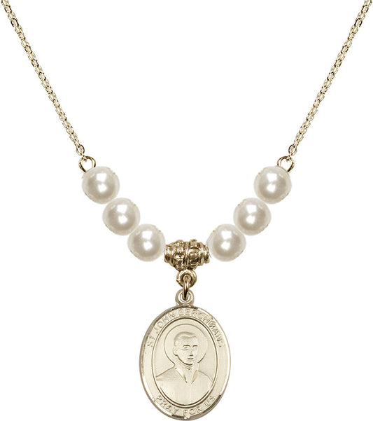 14kt Gold Filled Saint John Berchmans Birthstone Necklace with Faux-Pearl Beads - 8370