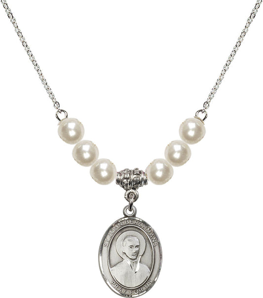 Sterling Silver Saint John Berchmans Birthstone Necklace with Faux-Pearl Beads - 8370