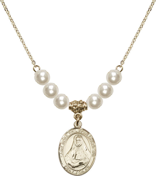 14kt Gold Filled Saint Rose Philippine Duchesne Birthstone Necklace with Faux-Pearl Beads - 8371