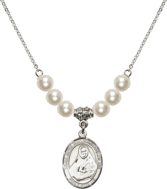 Sterling Silver Saint Rose Philippine Duchesne Birthstone Necklace with Faux-Pearl Beads - 8371