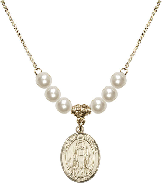 14kt Gold Filled Saint Juliana of Cumae Birthstone Necklace with Faux-Pearl Beads - 8372