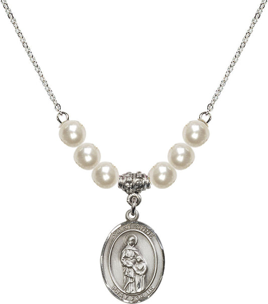 Sterling Silver Saint Anne Birthstone Necklace with Faux-Pearl Beads - 8374