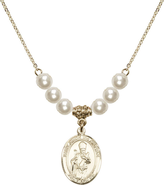 14kt Gold Filled Saint Simon the Apostle Birthstone Necklace with Faux-Pearl Beads - 8375
