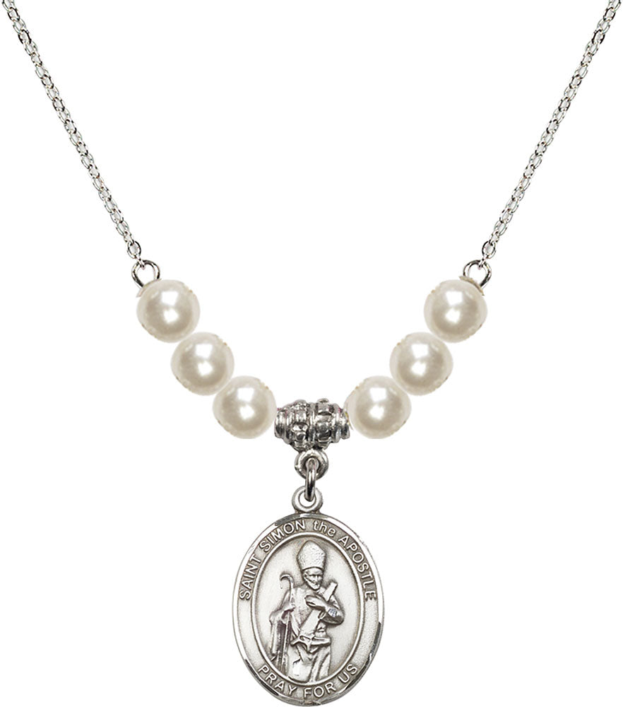 Sterling Silver Saint Simon the Apostle Birthstone Necklace with Faux-Pearl Beads - 8375