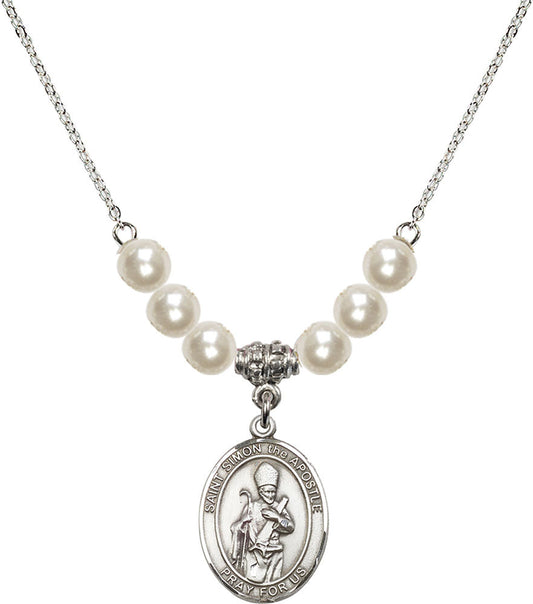 Sterling Silver Saint Simon the Apostle Birthstone Necklace with Faux-Pearl Beads - 8375