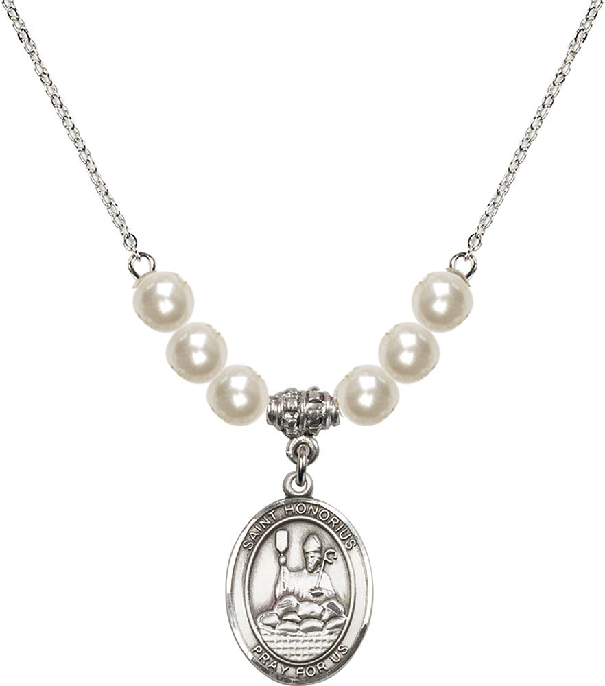Sterling Silver Saint Honorius of Amiens Birthstone Necklace with Faux-Pearl Beads - 8376