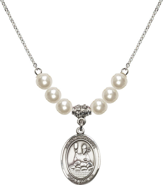 Sterling Silver Saint Honorius of Amiens Birthstone Necklace with Faux-Pearl Beads - 8376