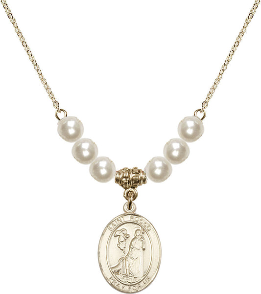 14kt Gold Filled Saint Rocco Birthstone Necklace with Faux-Pearl Beads - 8377