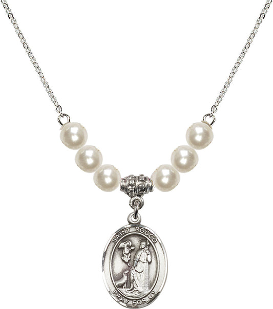 Sterling Silver Saint Rocco Birthstone Necklace with Faux-Pearl Beads - 8377