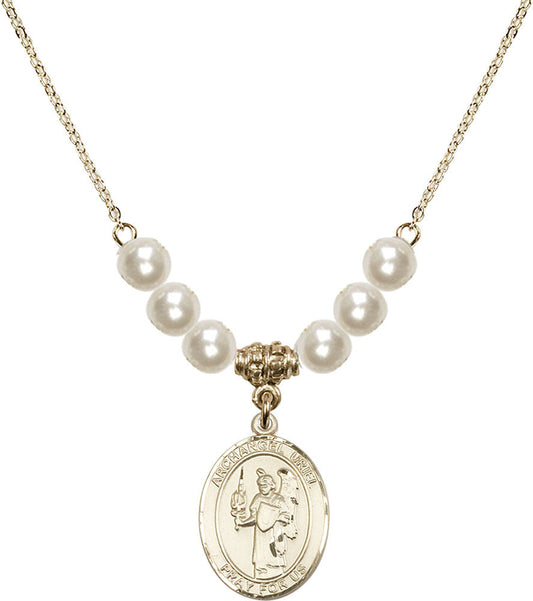14kt Gold Filled Saint Uriel the Archangel Birthstone Necklace with Faux-Pearl Beads - 8378