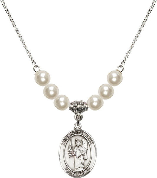 Sterling Silver Saint Uriel the Archangel Birthstone Necklace with Faux-Pearl Beads - 8378