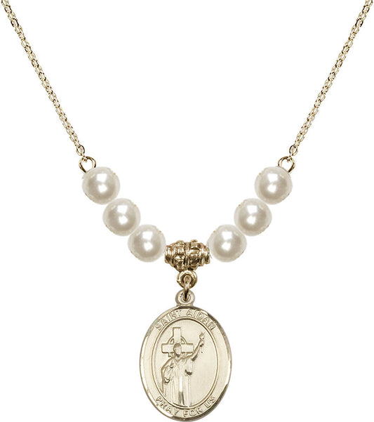 14kt Gold Filled Saint Aidan of Lindesfarne Birthstone Necklace with Faux-Pearl Beads - 8381